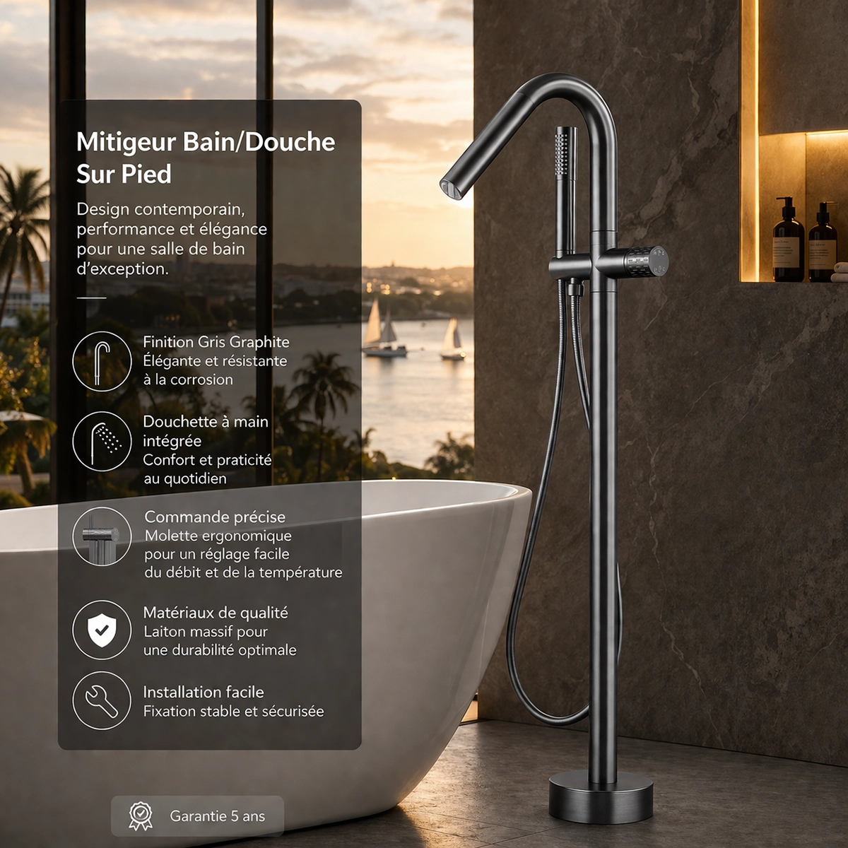 Robinet mitigeur de baignoire sur pied gun métal Murcie
